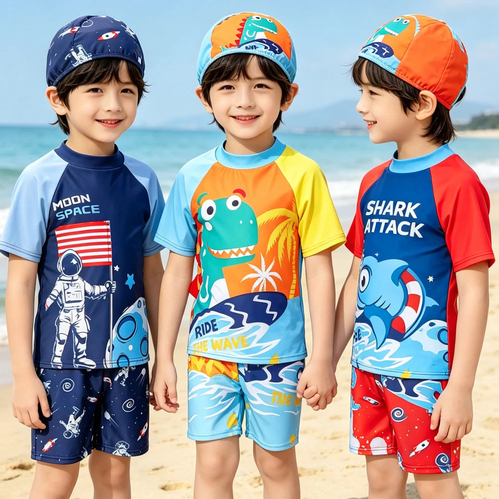 Boys Cartoon Swimwear 3 Piece Set for Ages 3 to 12