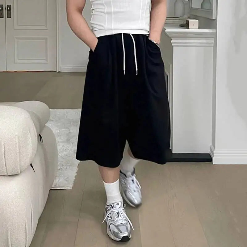 IEFB Korean Style Men's Sports Shorts Drawstring Solid Color Menswear Elastic Waist Straight Loose Wide Leg Male Bottom 9W2507