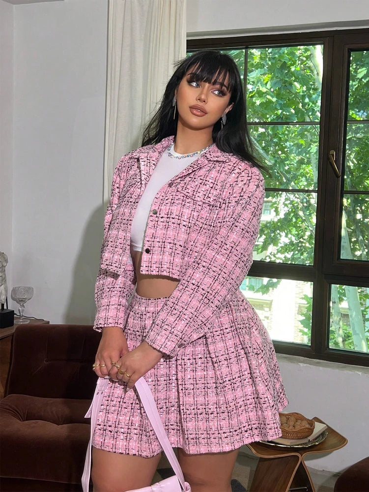 Plus-Size Women's Tweed Blazer and Mini Skirt Set