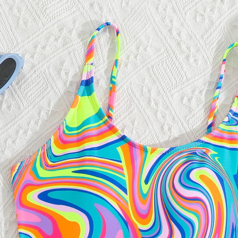 Fashionable Blue One-Piece Girls Swimsuit for Ages 8-12