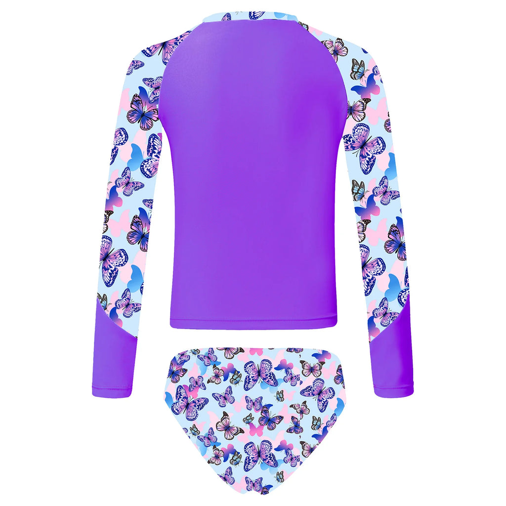 Kids Girls Long Sleeve Print Swimwear with Briefs for Beach