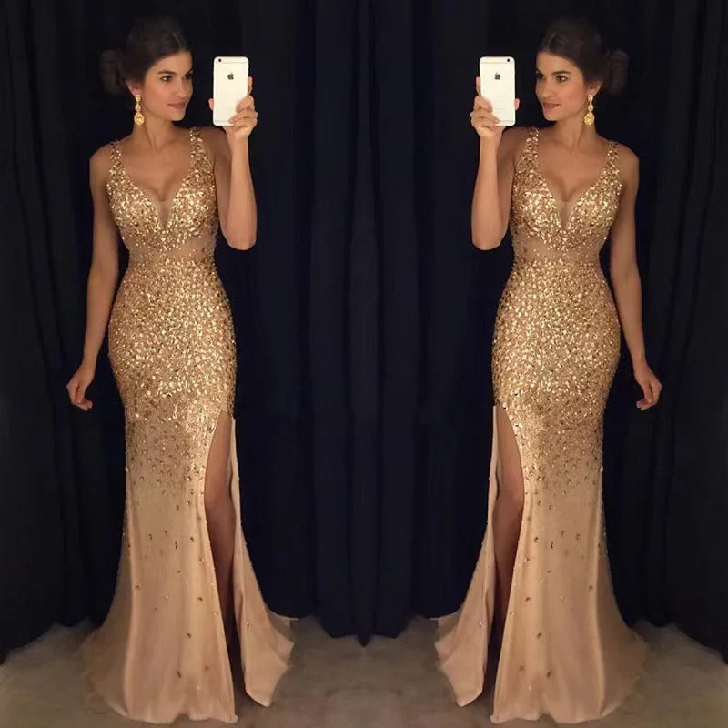 Women's Ankle-Length Slit Bronzing Dress with V-Neckline
