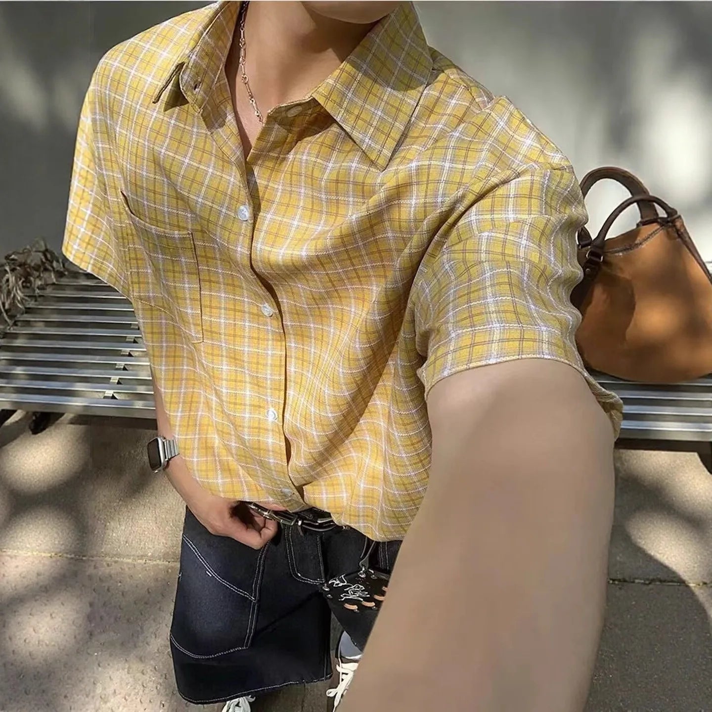 Retro Plaid Ice Silk Casual Shirt Men's Short Sleeve Summer Fashion Brand Stylish Jacket Iron-Free Polyester Fabric