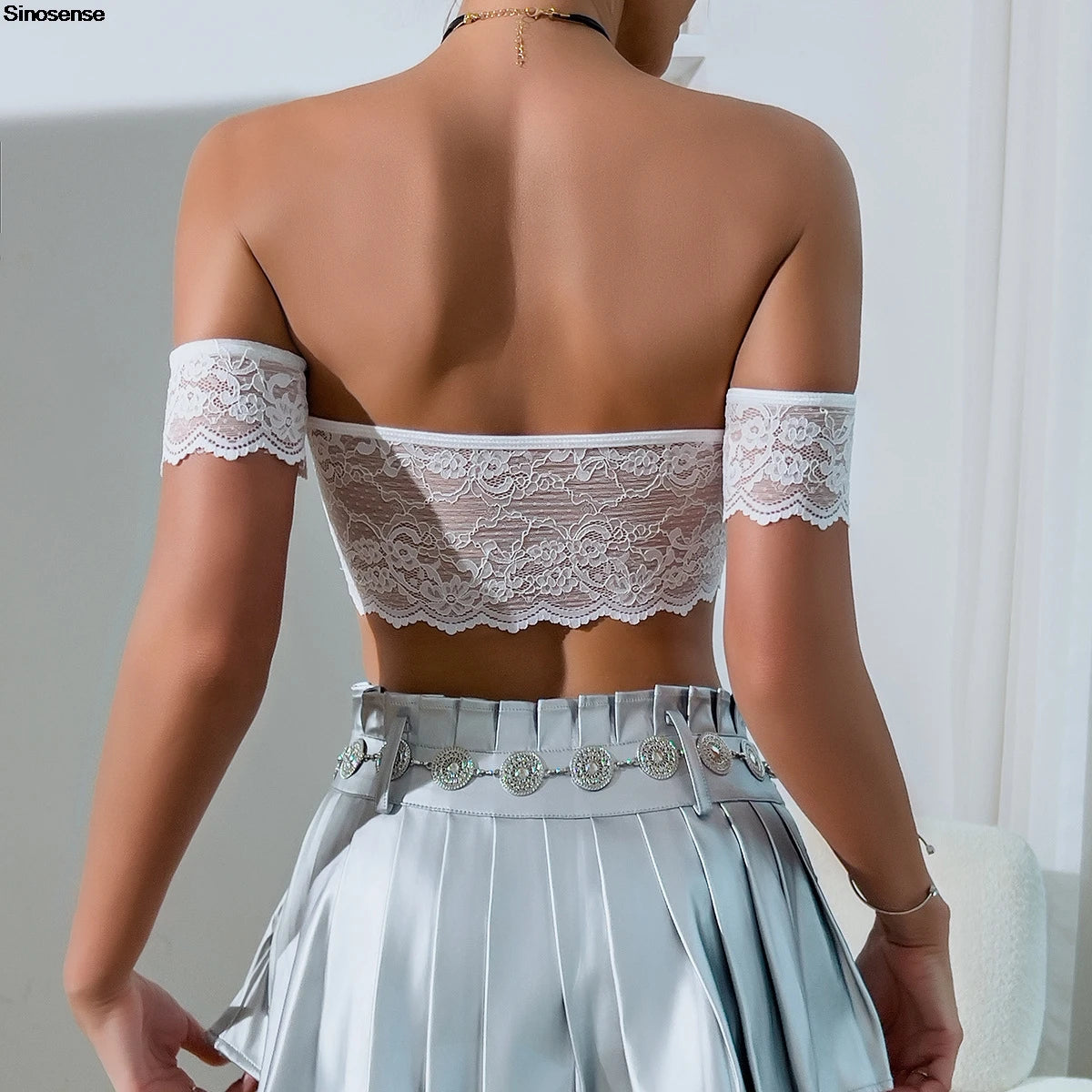 Woman Off Shoulder Crop Top Sexy Pearl Chain Lace Sheer Mesh Bustier Corset Top Y2K Going Out Date Night Club Rave Party Tops