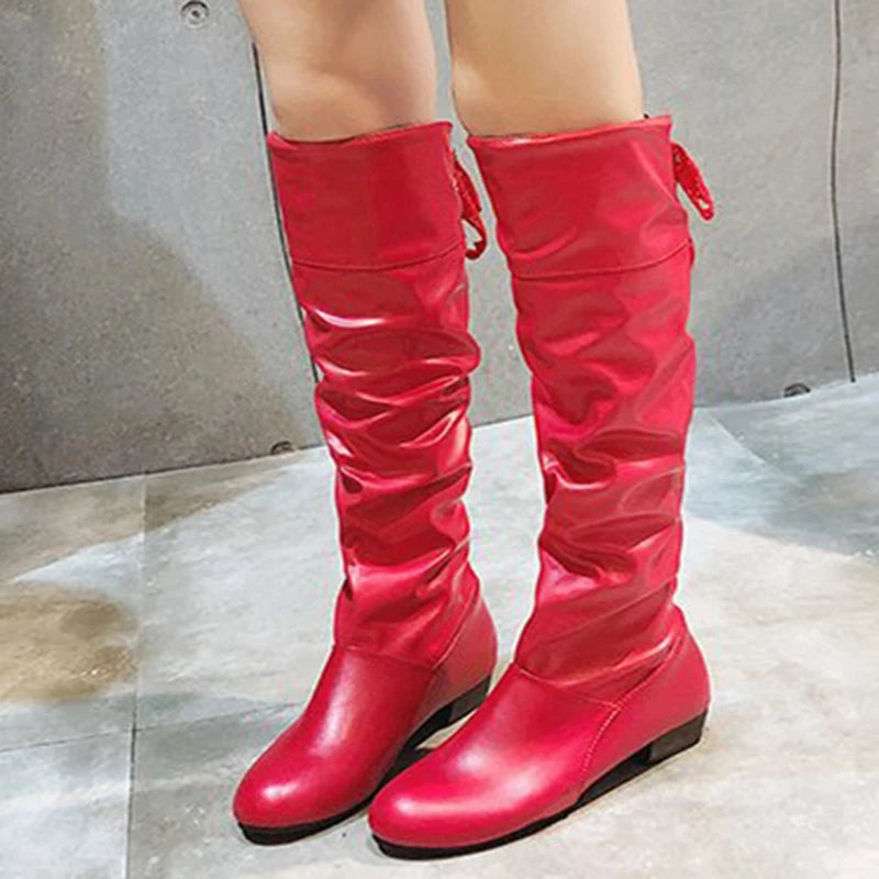 2024 Pleated Leather Knee High Boots for Women