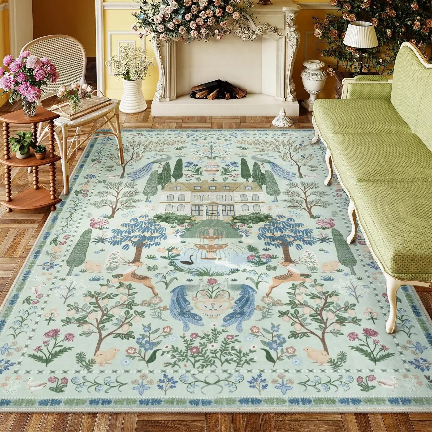 Washable Floral Pattern Living Room Rug Customizable Floor Mat