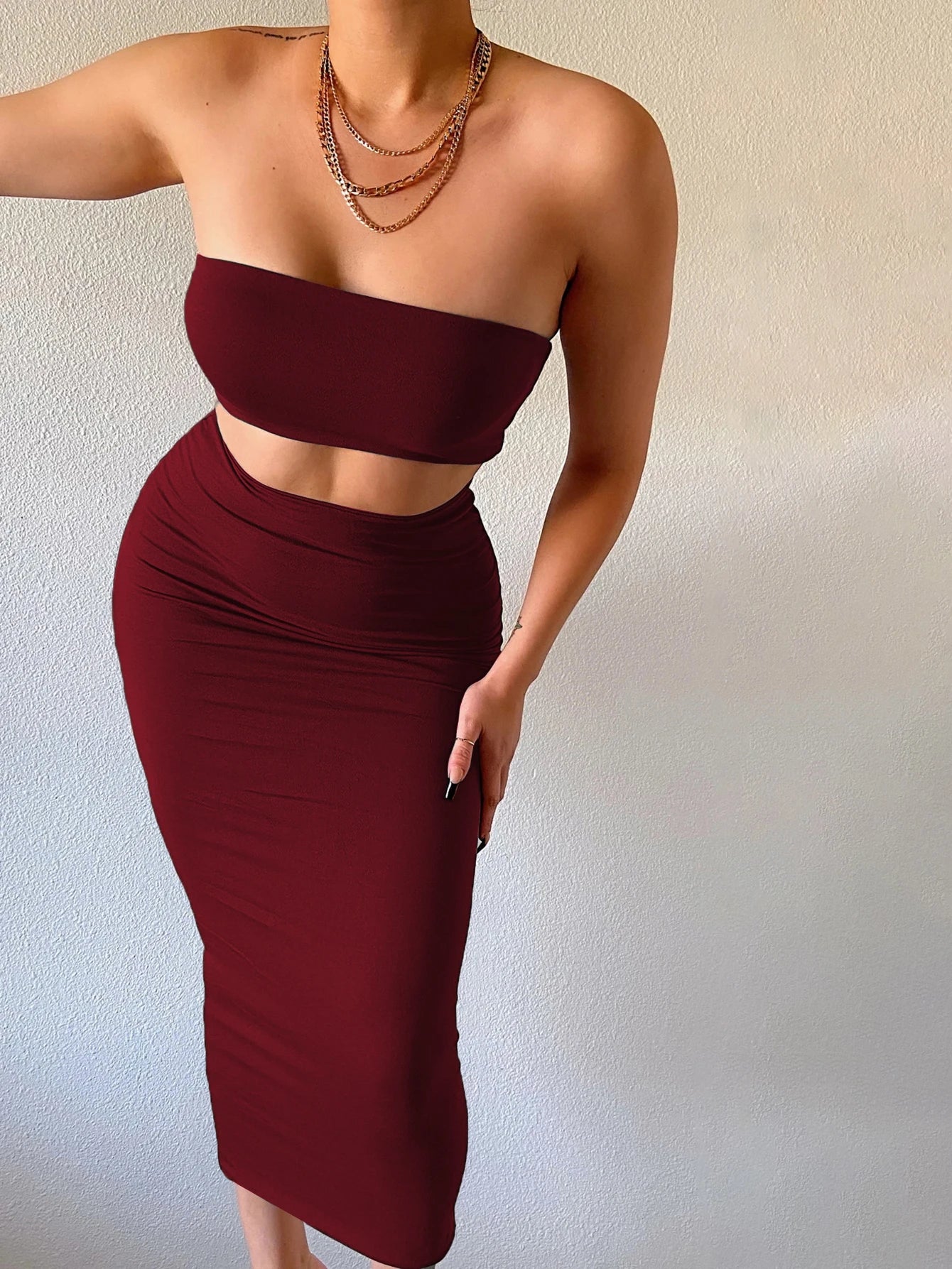 Hugcitar Women Strapless Tube Top Maxi Skirt 2 Piece Set
