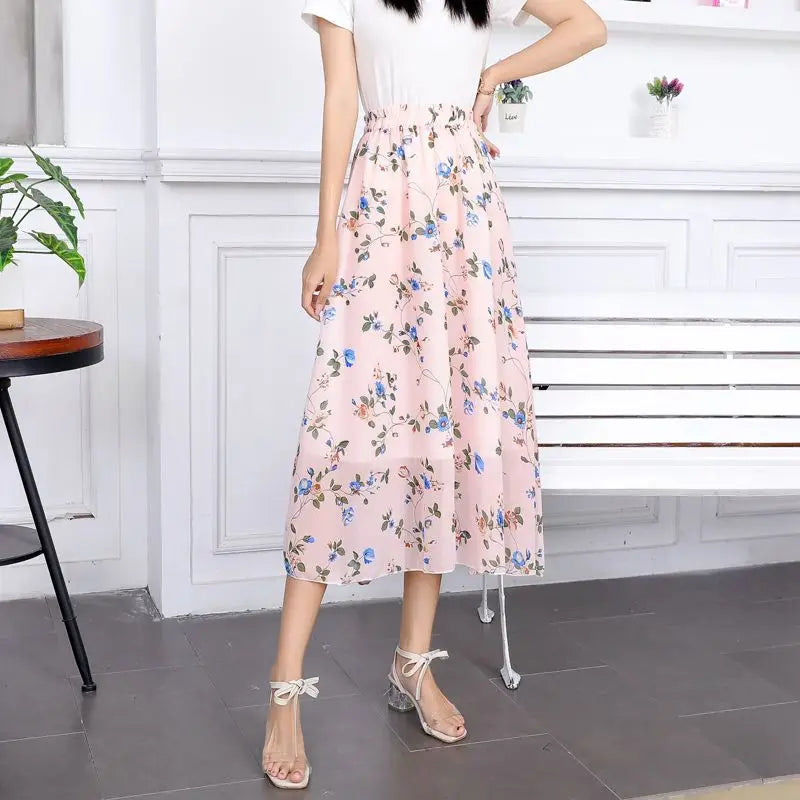 Floral High Waist Chiffon Midi Skirt for Women Summer 2025