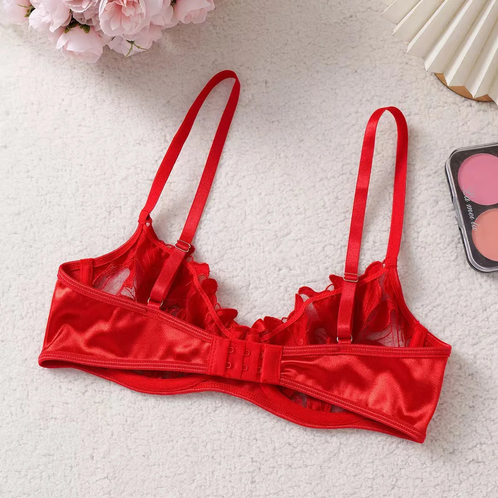 Floral Embroidery Push Up Bra and Panty Set for Women