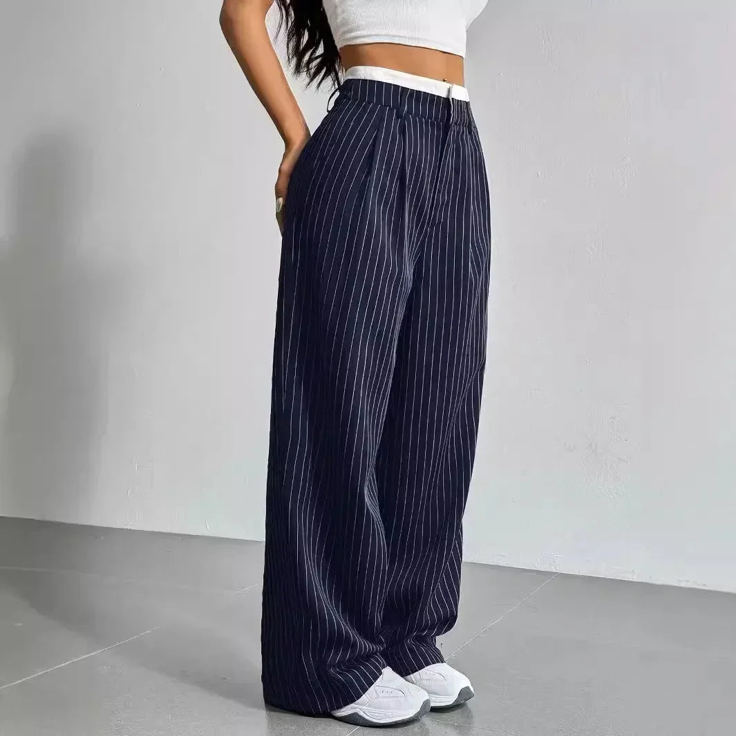High Waist Striped Wide Leg Pants for Women by mandylandy