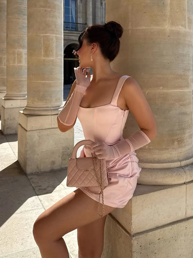 Chic Women Halter Mini Dress 2025 Pleated Backless Polyester