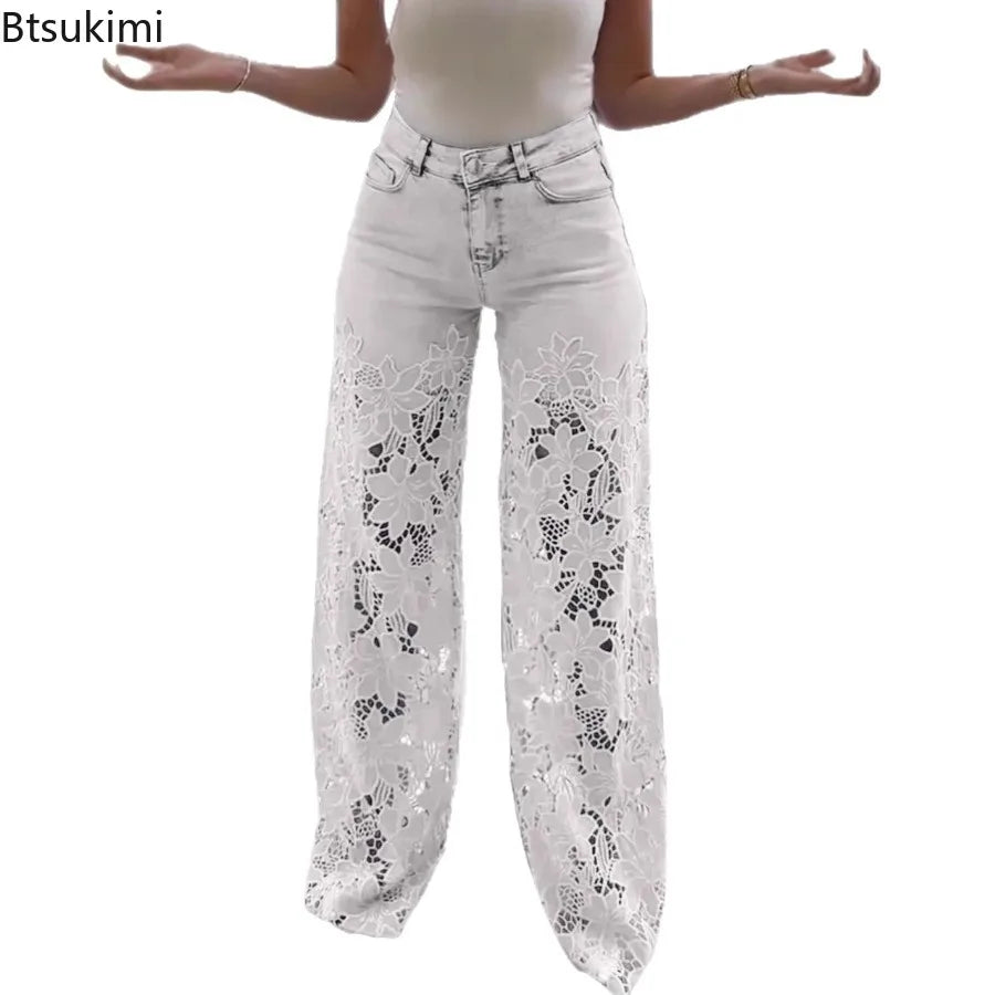 Lace Hollowed Out Wide Leg Jeans for Women in Solid Colors