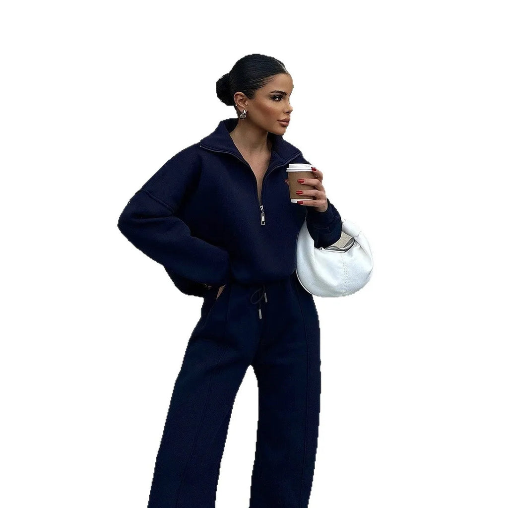 Solid Color Pullover Sweatshirt and Trousers Set for Women
