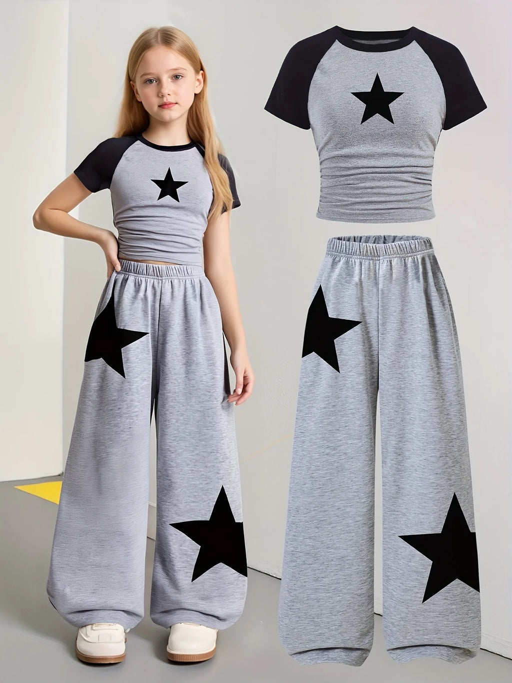 Girls' 2-Piece Set with Gray Wide-Leg Sweatpants