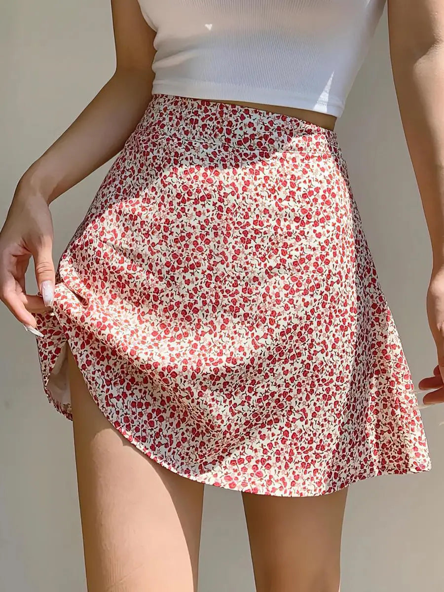 Floral Red High Waist Mini Skirt for Women in Chiffon