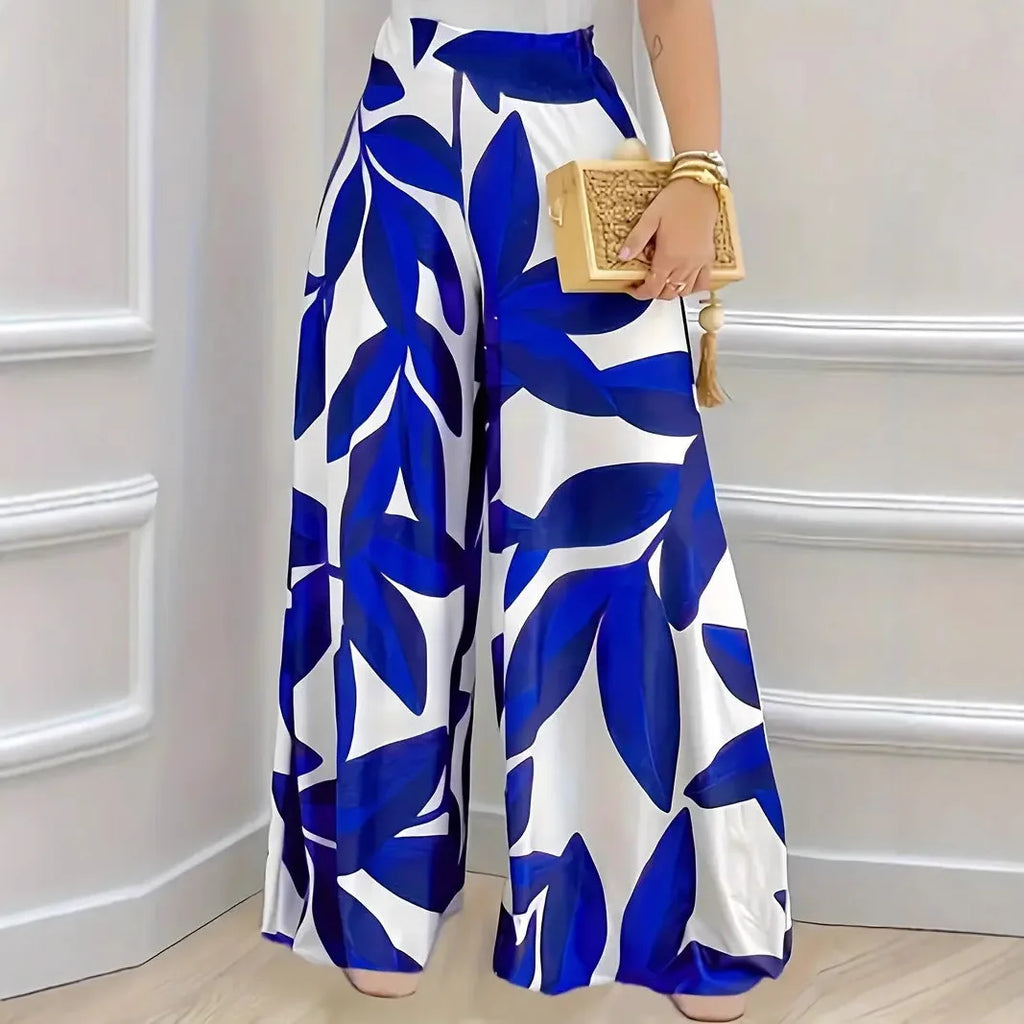 Elegant Boho Wide-Leg Trousers for Women in Blue Leaf Print