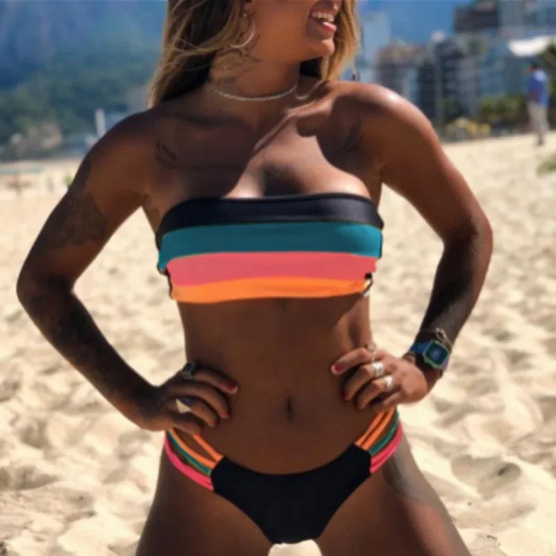 Women's High Waist Bandeau Bikini Set in Solid Polyester