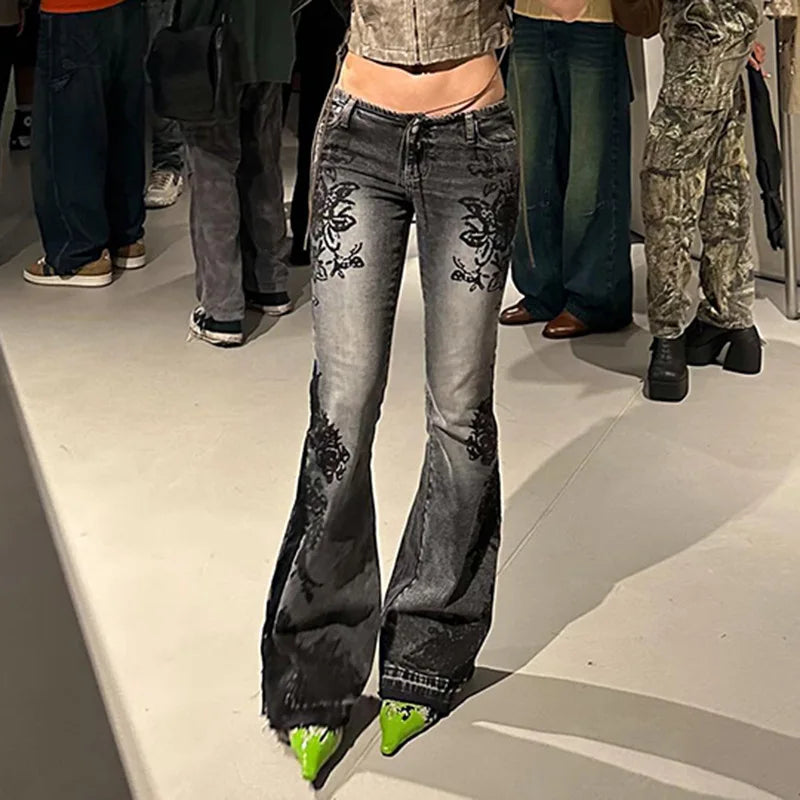 Vintage Low-Rise Flare Jeans for Women in Plaid Design