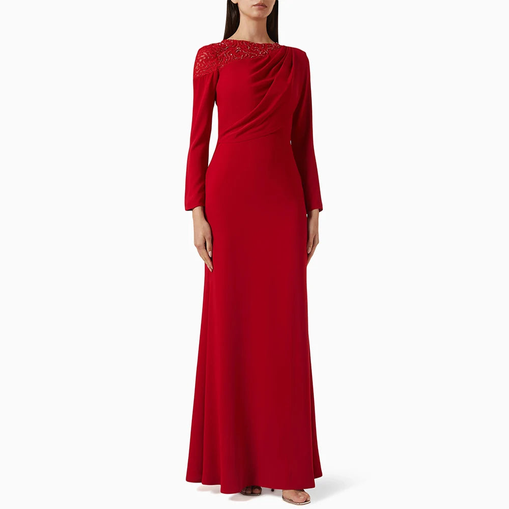 Custom Red Evening Dress with Sequined Lace and Full Sleeves