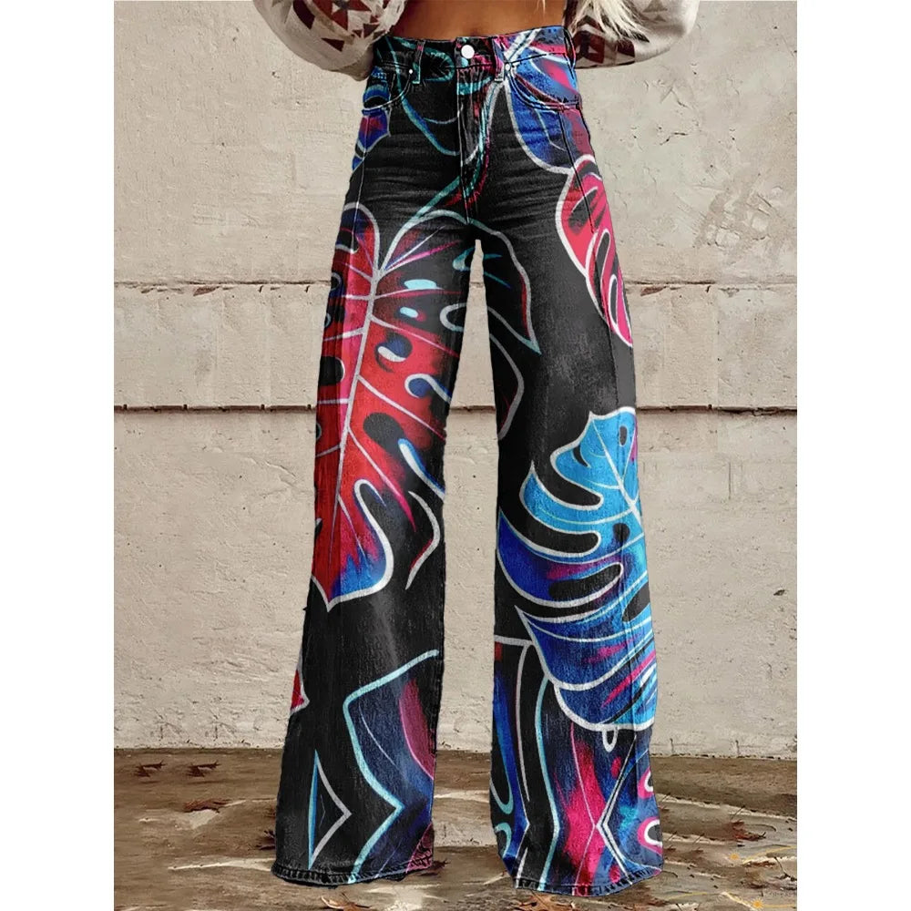 Colorful Tropical Leaf Print Wide Leg Pants for Women
