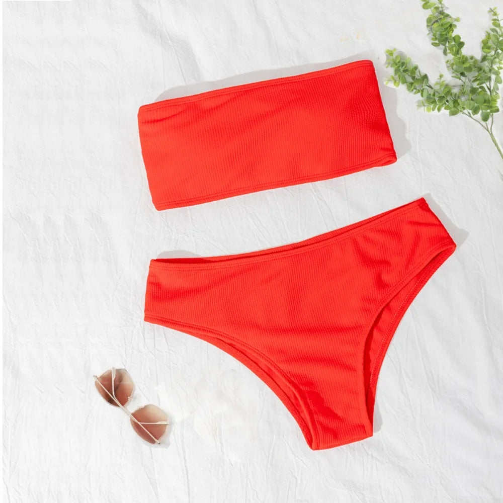 Elegant Solid Color Strapless Bikini Set for Women
