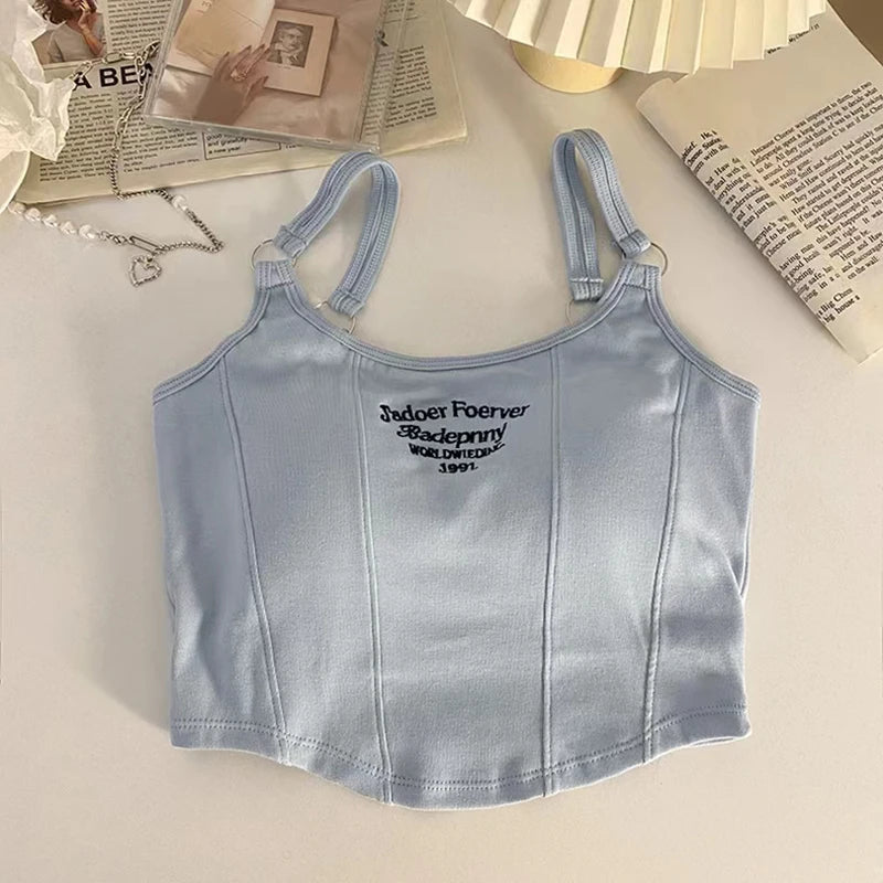 Y2K Women White Crop Top with Irregular Hem and Pad