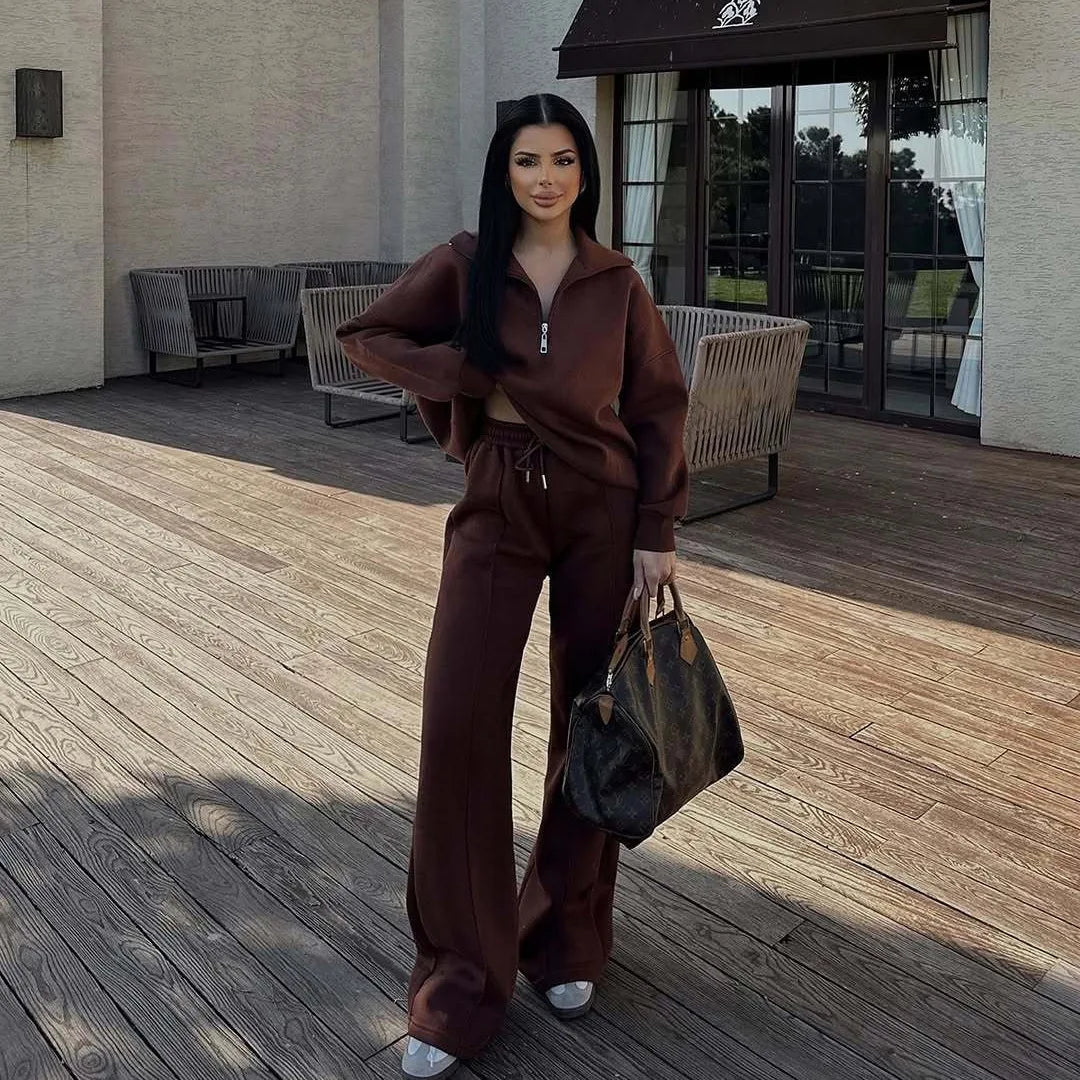 Solid Color Pullover Sweatshirt and Trousers Set for Women