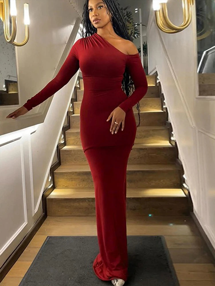Elegant One-Shoulder Red Knitted Dress for Women