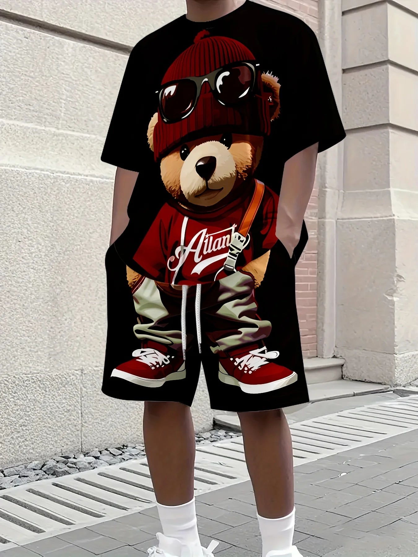 2026 New Men's Short-Sleeve Summer Set, featuring a 3D bear print, urban casual style, comfortable and soft. Couple Street Style