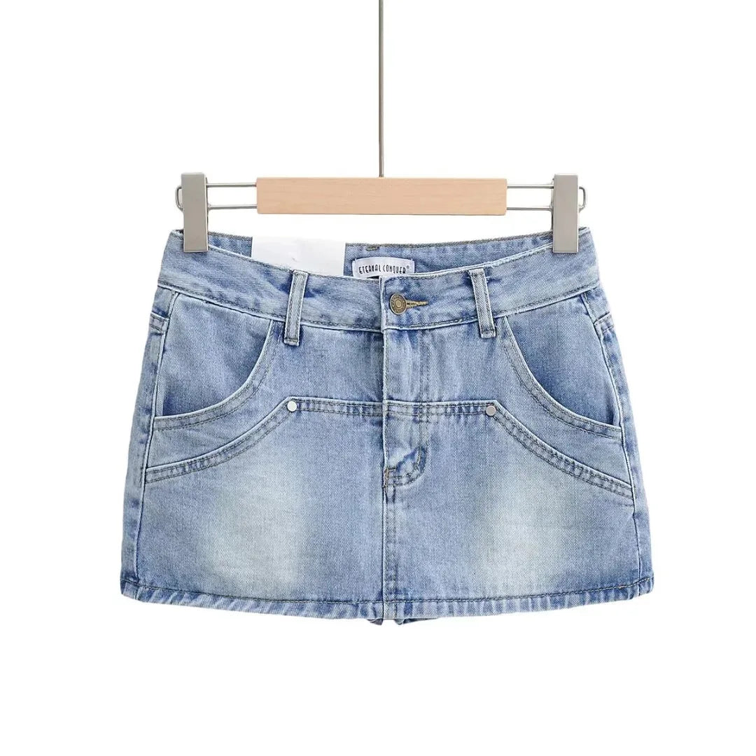 Women High Waist Denim Mini Skirt with Pockets