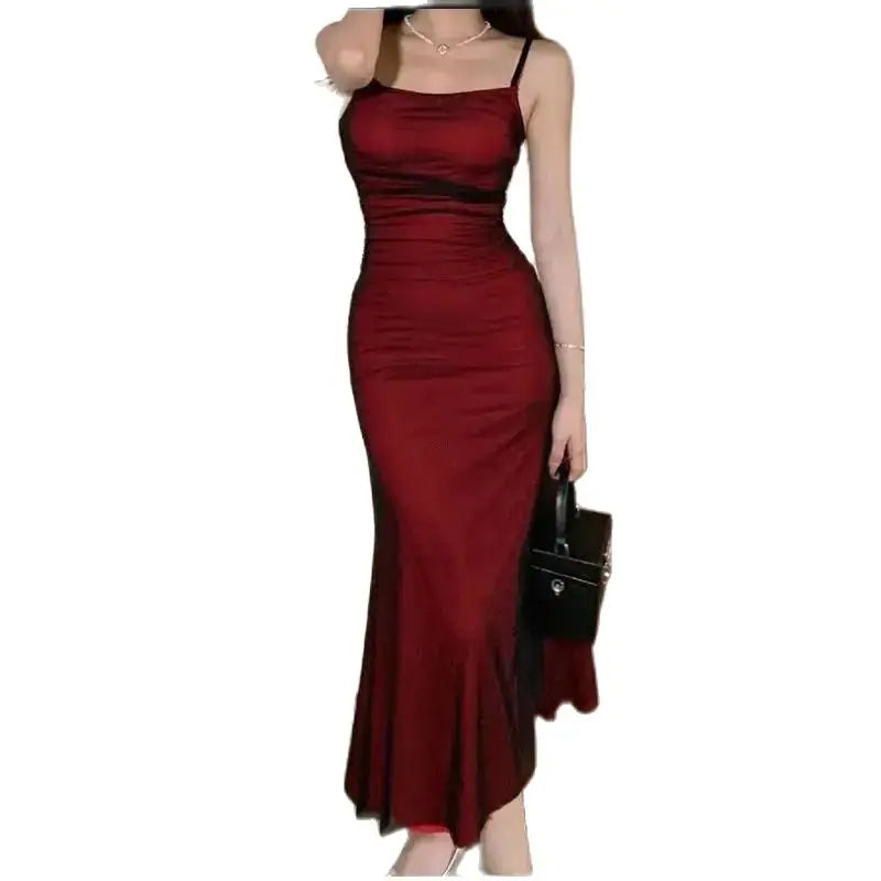 Elegant Wine Red Bodycon Corset Maxi Dress for Women