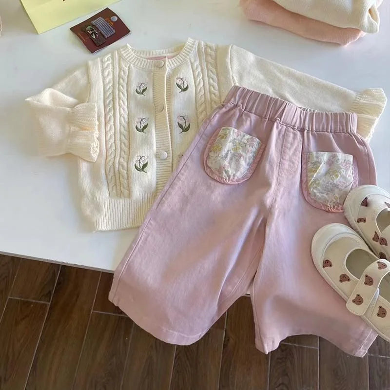 Girls Pink Flower Pocket Pants Casual Trousers for Kids