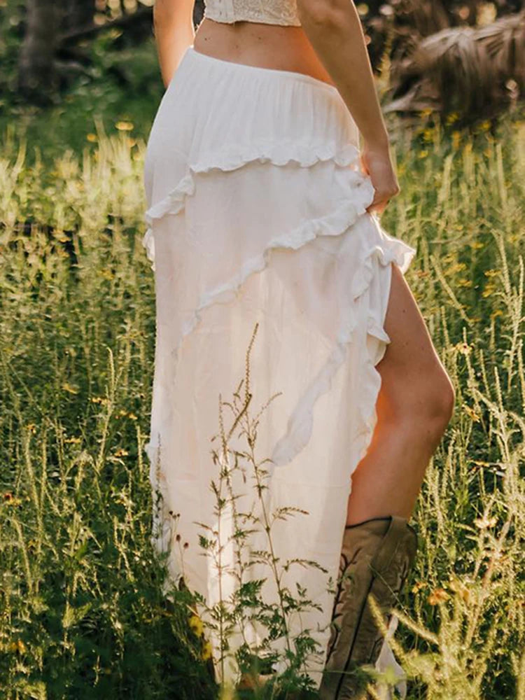 Chic Women's White Ruffled Skirt in Cotton and Polyester