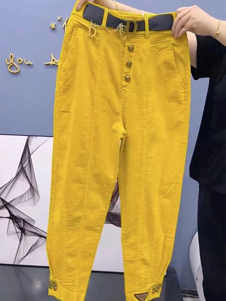 Women's Corduroy Harem Pants in Solid Color for Casual Wear