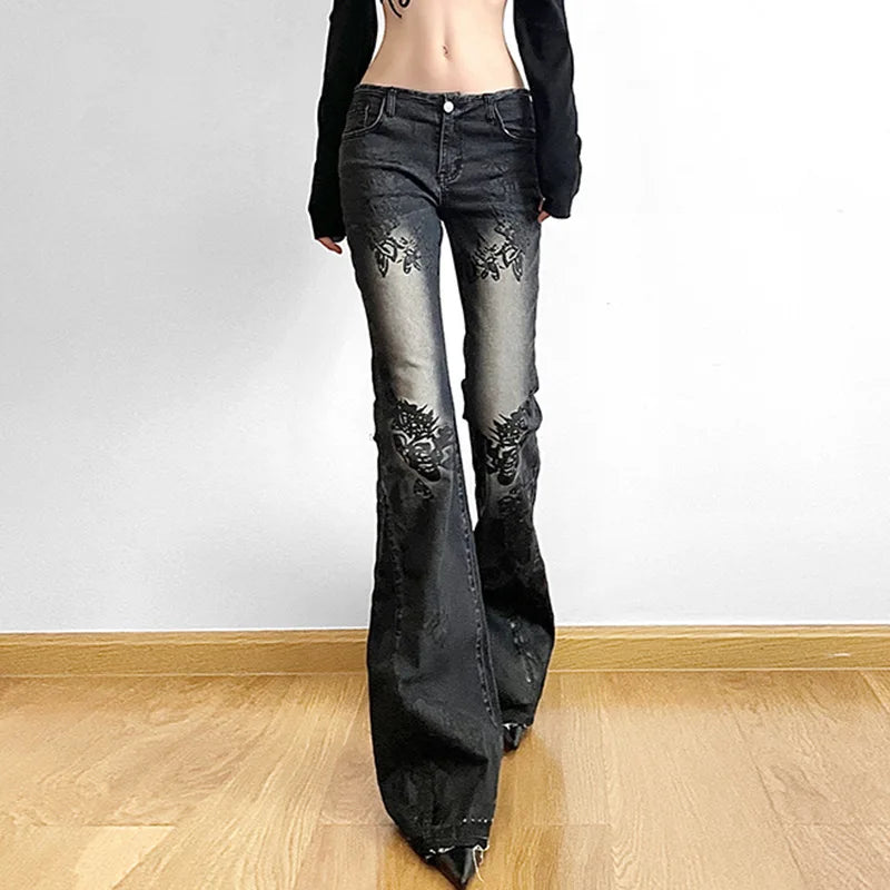 Vintage Low-Rise Flare Jeans for Women in Plaid Design