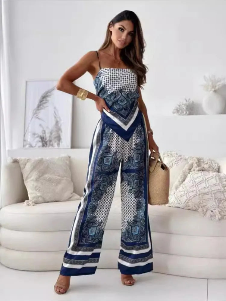 Chic Boho Print Spaghetti Strap Two Piece Set for Women