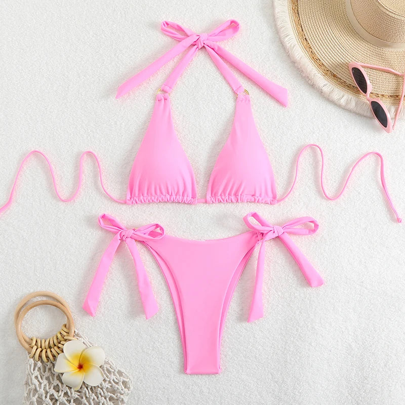 Nylon Beach Style Halter Neck Bikini Set for Women