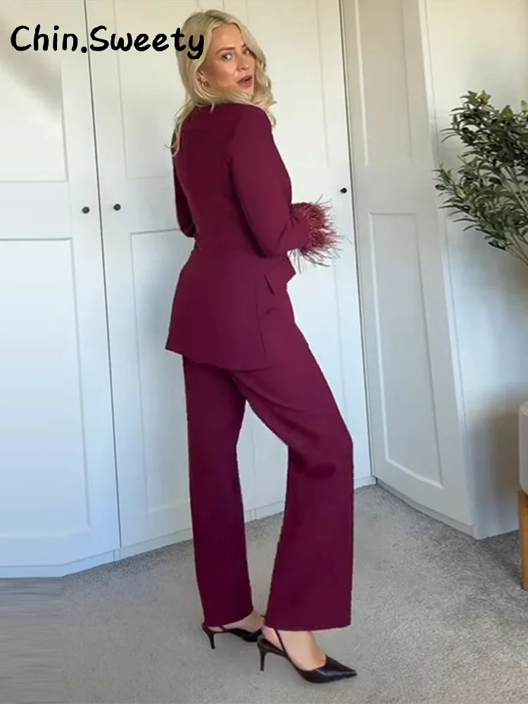 Chin.Sweety Women's Feather Blazer Pants Set for Office Wear