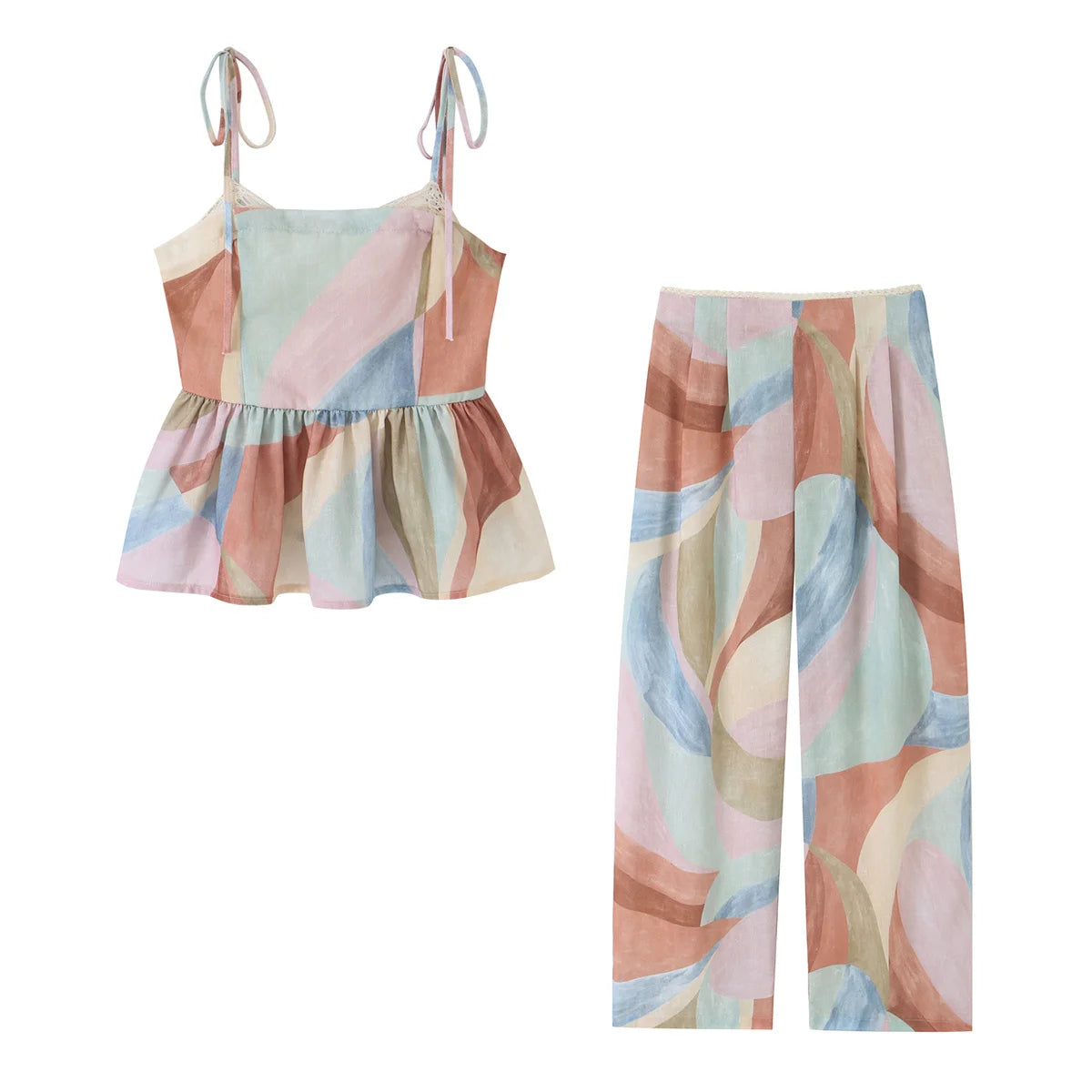 Chic Lace Trim Printed Pants Set for Women by MALEY LifeStyle