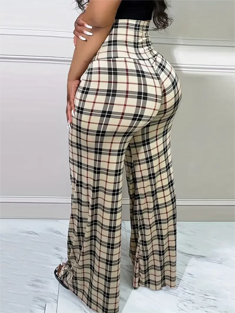 Women's High Waist Plaid Wide Leg Pants for Casual Wear