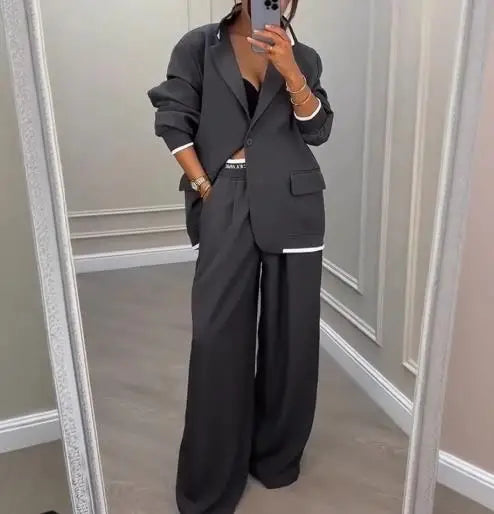 Stylish Grey Blazer and High Waist Pants Set for Women