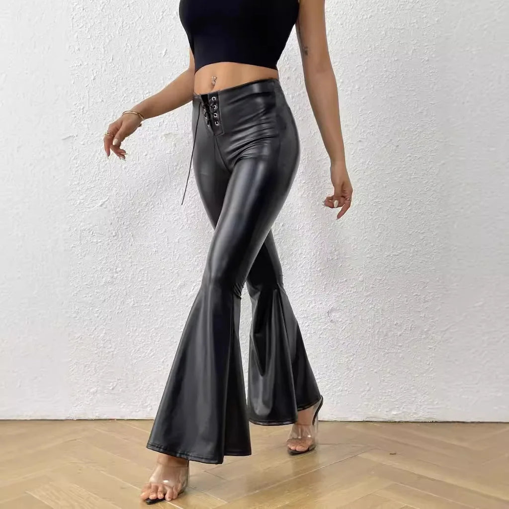 Shiny Leather Bell Bottom Trousers for Women by MALEY LifeStyle