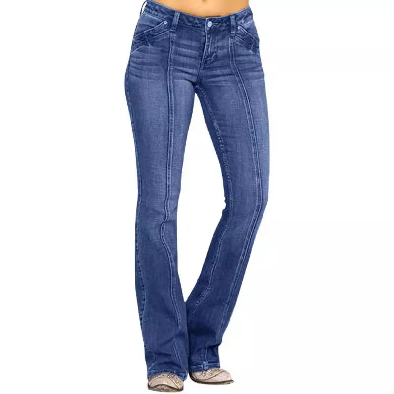 Chic Women's Low Waisted Flared Jeans in Cotton Denim