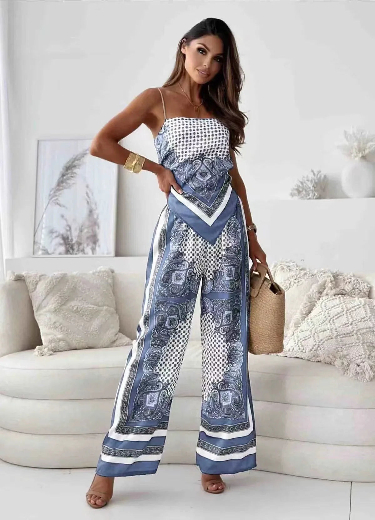 Chic Boho Print Spaghetti Strap Two Piece Set for Women