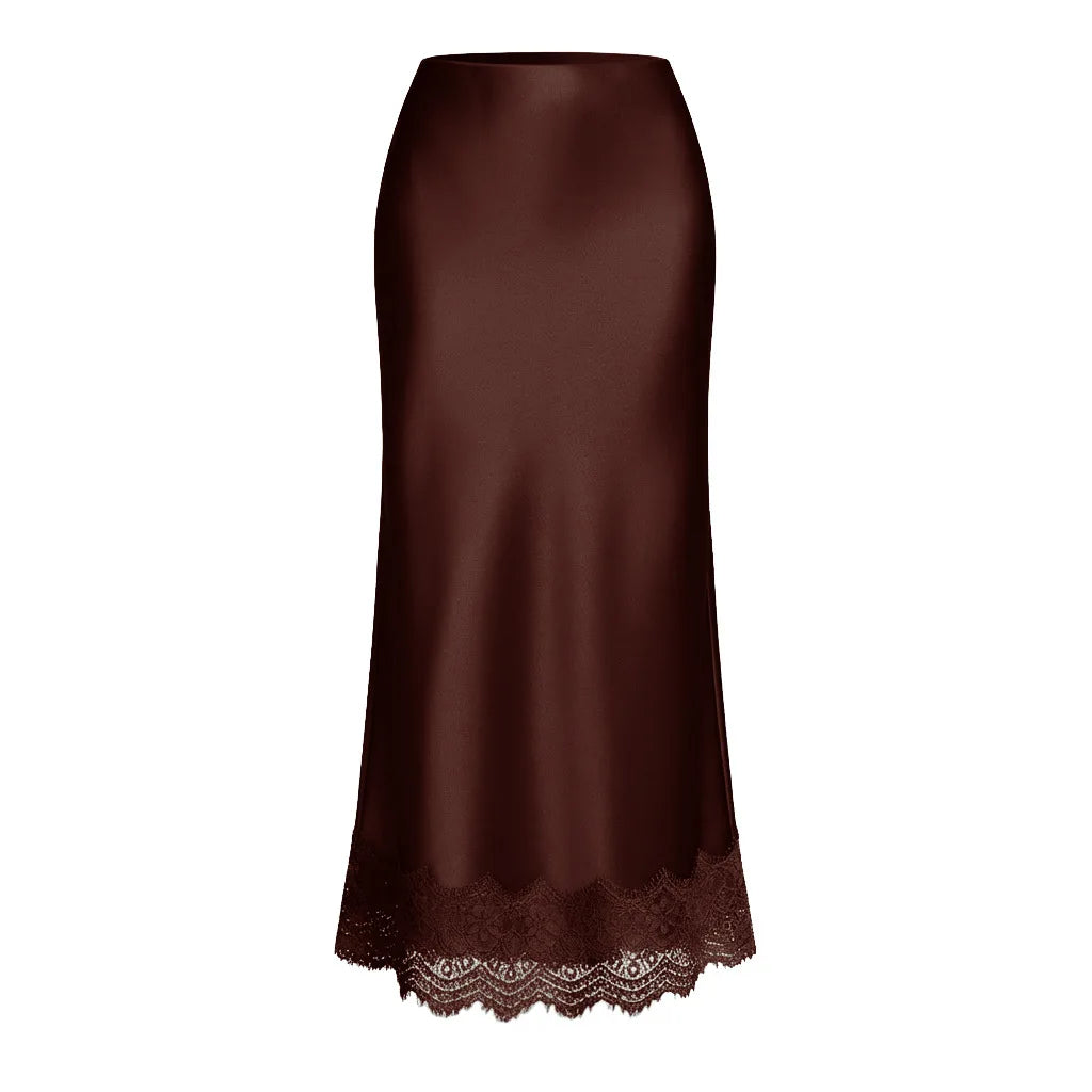 Elegant Satin Midi Skirt for Women with Lace Detail