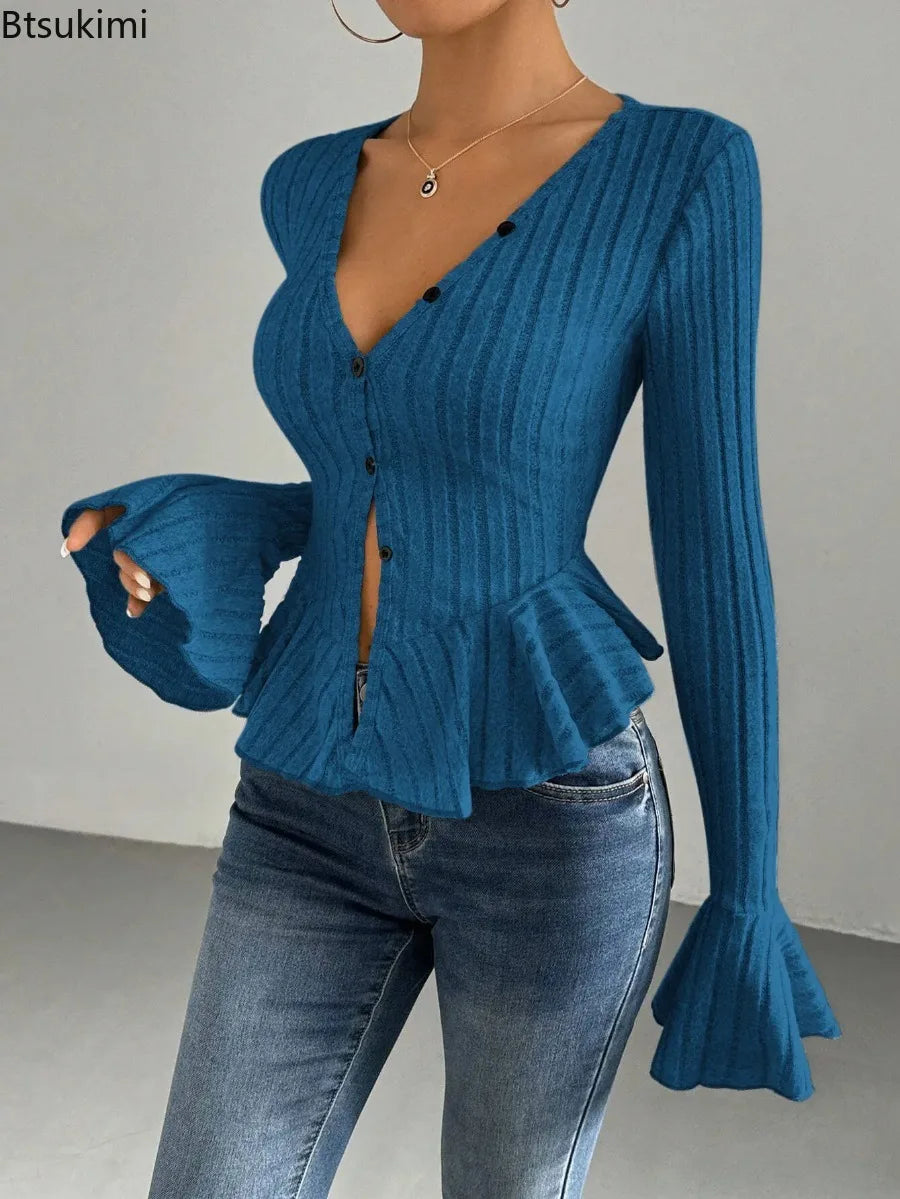 2026 Women's Sexy V Neck Ruffle Trim Slim Brushed Tops Spring Autumn Fashion Long Sleeve T-Shirts Female Elegant Commuting Tops