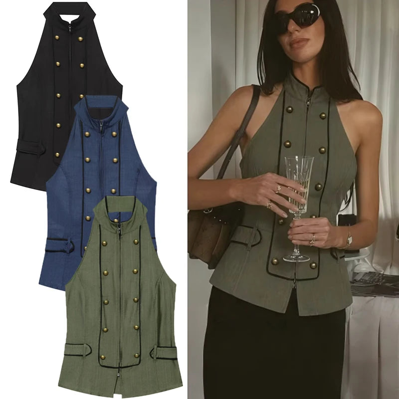 Women's Top 2026 New Summer Backless Halter Top with Button Details Elegant Chic Ladies TSlim Top