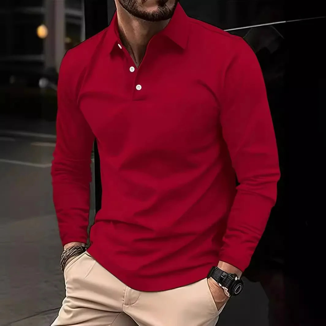 2024 Autumn Men's Polo Shirts Turn-Down Collar Solid Long Sleeve Smart Casual Polos Man Fashion Breathable Loose Tees Tops Men