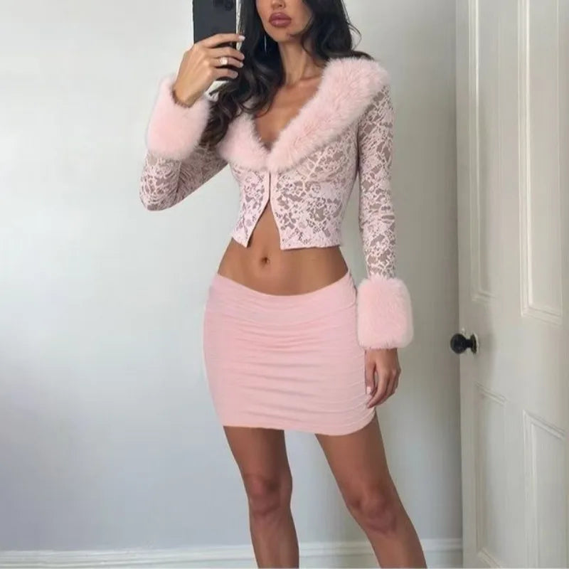 Chic Y2k Furry Lace Crop Top and Mini Skirt Set