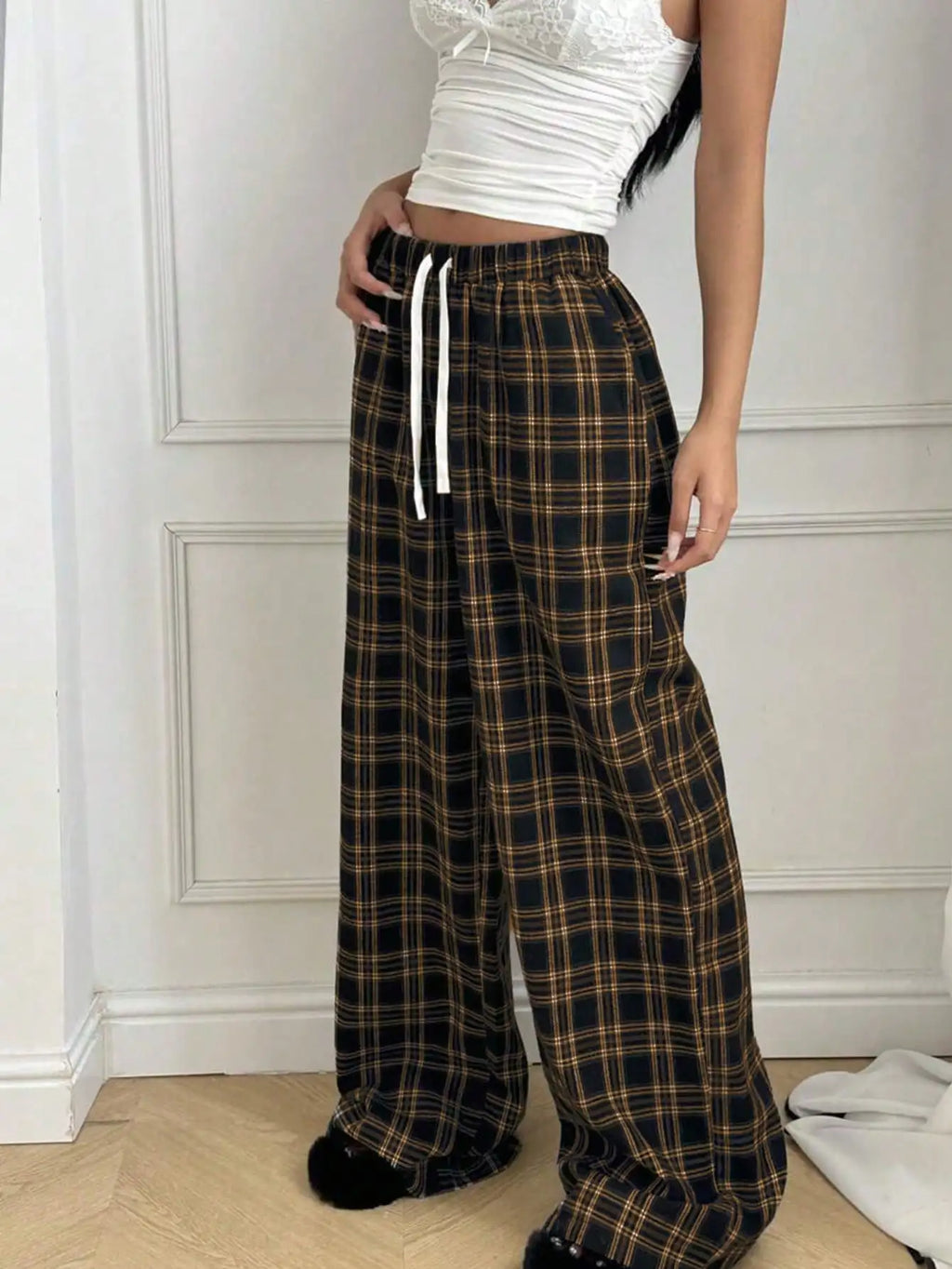 Women's High Waist Plaid Drawstring Wide Leg Pants